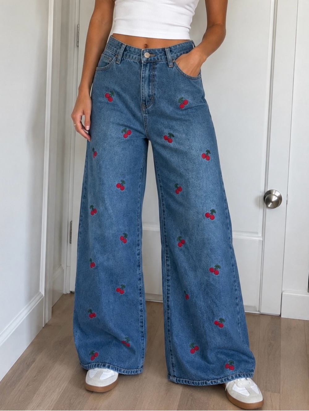 Ashley Mason All-Over Cherry Embroidered Wide-Leg Jeans
